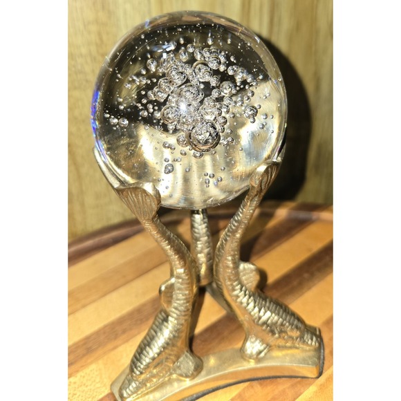 Vintage 4" Crystal Ball  with Dolphin Brass Stand 5.25" Orb Stunning Heavy - Picture 3 of 15